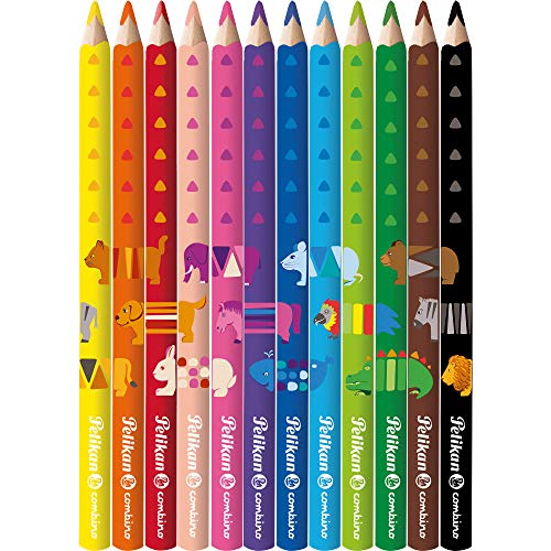 Pelikan 811194 - Lápices de colores triangulares linea Combino, madera FSC, tamaño jumbo, 12 piezas mixtas es para el aprendizaje y el agarre ergonómico correcto para la escuela infantil
