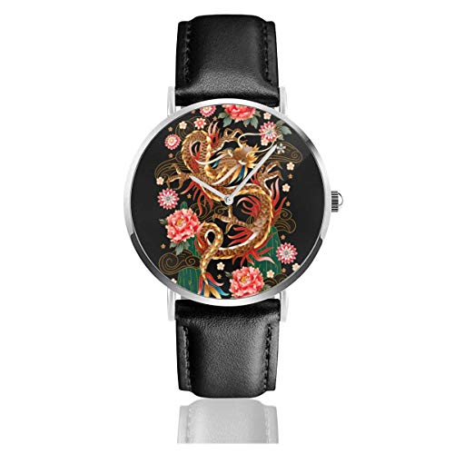 Peonías de dragón Tradicionales Chinas y Relojes de Pulsera con Correa de Cuero Sakura Reloj de Negocios de Cuarzo de Acero Inoxidable