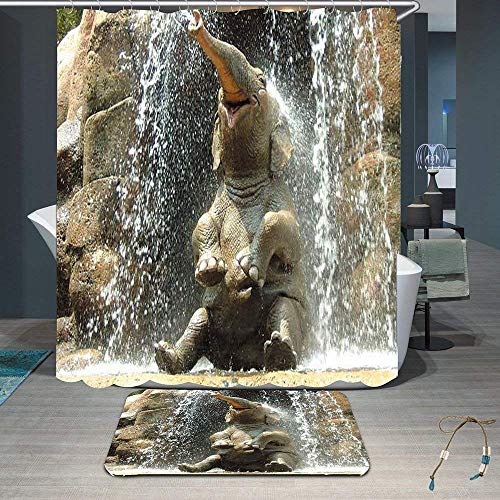 Perfectii Conjunto De Ducha Cortina Alfombra, 3D Impresión Elefante Impermeable Cortina De Baño con 12 Ganchos, 180X180Cm