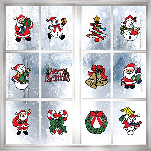PHOGARY Paquete de 12 Adhesivos navideños, Decoraciones navideñas para la Ventana (Papá Noel, árbol de Navidad, Corona, Campanas, Feliz Navidad, bastón de Caramelo, muñeco de Nieve)