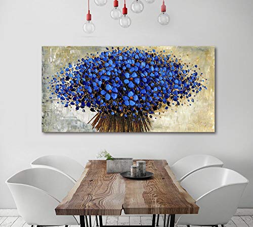 Pintado a mano azul floral paisaje decoración de la pared paleta abstracta pintura al óleo para la pared del hogar sala de estar decoración de la pared dorada estirada 24x48 pulgadas