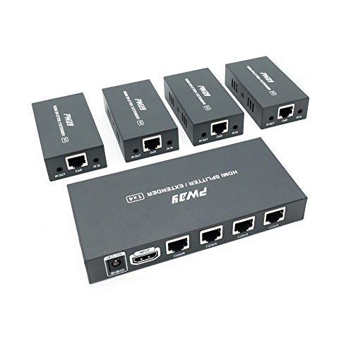 PW-HTS0104IR (POC) 1X4 Splitter HDMI Extensor de Divisor Puerto sobre Cat5e/Cat6 Cable Ethernet con Control Remoto IR Sin demora hasta 60m/196ft y Resolución hasta 1080P@60 Hz (1 In 4 out)
