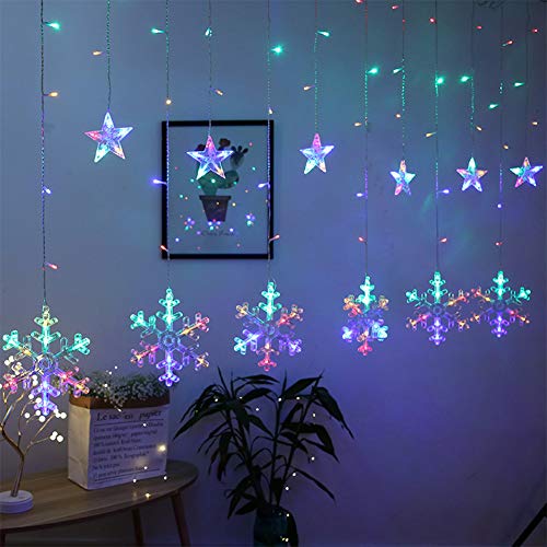 Queta Luces de Hadas Cortina de Luz, Estrellas Copos de Nieve Cortina de Luces LED con 8 Modos de Luz, Decoración de Festivales de Navidad, Cadena de Luz para Interior y Exterior (Colorido)