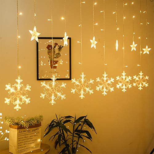 Queta Luces de Hadas Cortina de Luz, Estrellas Copos de Nieve Cortina de Luces LED con 8 Modos de Luz, Decoración de Festivales de Navidad, Cadena de Luz para Interior y Exterior
