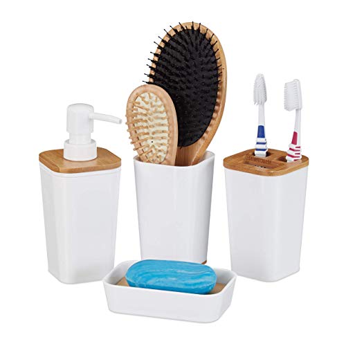Relaxdays Set de 4 Accesorios de baño, Portacepillos, Jabonera, Vaso, Dispensador de jabón, Plástico & Bambú, Blanco Relaxdays Set de 4 Accesorios de baño, Portacepillos, Jabonera, Vaso, Dispensador de jabón, Plástico & Bambú, Blanco