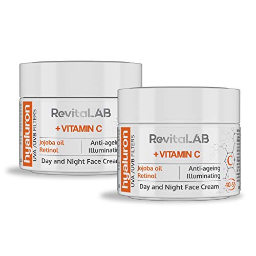 RevitaLAB - Crema antiarrugas de día y de noche con ácido hialurónico enriquecida con vitaminas A, B3, B5, E, C, aceite de jojoba y filtros UV, franja de edad 40-55, 50 ml (multipaquete)