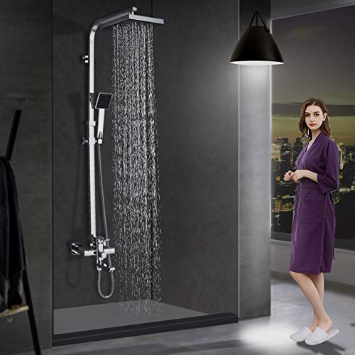 Saeuwtowy Cromo Columna de Ducha Mezclador de Ducha Ducha de Lluvia y Ducha Cuadrada 8" Ducha de Lluvia + Ducha de Mano Columna de Ducha Acero Inoxidable para Baño