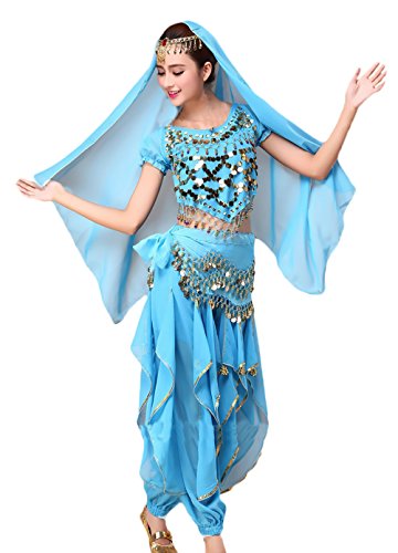 Saoye Fashion Mujer Danza del Vientre Trajes Indian Dance 4 Pcs Conjunto Exóticas Tops Velo Pañuelo Cinturón Pantalones Trajes De Belly Dance Disfraces De Carnaval