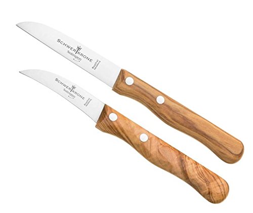 Schwertkrone Juego de cuchillo para pelar y pelar Solingen Germany, cuchillo de fruta, cuchillo para verduras, mango de madera de olivo, 15,5 cm curvado, 17,5 cm, pico para pájaros, recto.
