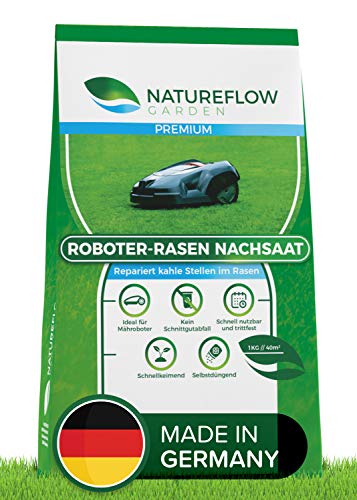 Semillas de césped Natureflow Premium para robot cortacésped, 1 kg, mezcla de césped, robot de césped, semilla de hierba para reparación de zonas calosas, germinación rápida y autofertilizante
