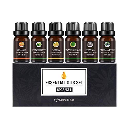 Set de Aceites Esenciales,100% Natural Puro Aromaterapia Aceite Aromátic,Eucalipto, Menta, Naranja dulce, Agujas de pino, Limón, Hinojo,Para Humidificador y Difusor Aroma,relajarse,Aromaterapia, Spa