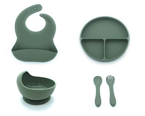 Set de vajilla de silicona para bebes. Conjunto de Babero, Cuenco, Cubiertos y Plato antideslizantes perfectos para alimentacion de bebes (Verde)