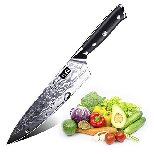 SHAN ZU Cuchillo de Cocina Damasco, 20cm Cuchillo Chef Japones de Acero Damasco de 67 Capas, Mango de Material G10, Cuchillo de Cocinero Profesional para Cortar Verdura, Fruta, Carne y Pescado