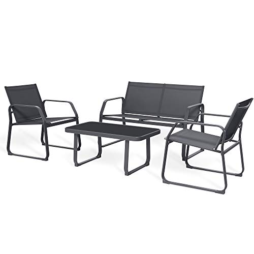 Sigtua Muebles de Jardin 4 Piezas de Jardin Muebles de Patio al Aire Libre Conjunto Mesa y Sillas Jardin 2 Sillones + 1 Silla Doble Sofá +1 Mesa de Vidrio para Terraza Exterior Interior Gris Oscuro