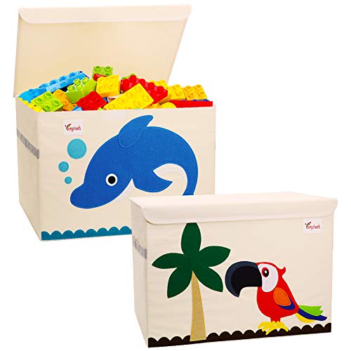 SITAKE Conjunto de 2 Caja de Almacenamiento para Niños -33 * 33 * 33cm Caja de Juguetes y Almacenamiento - Caja y Armario Organizador para niños (Delfines & Loros)