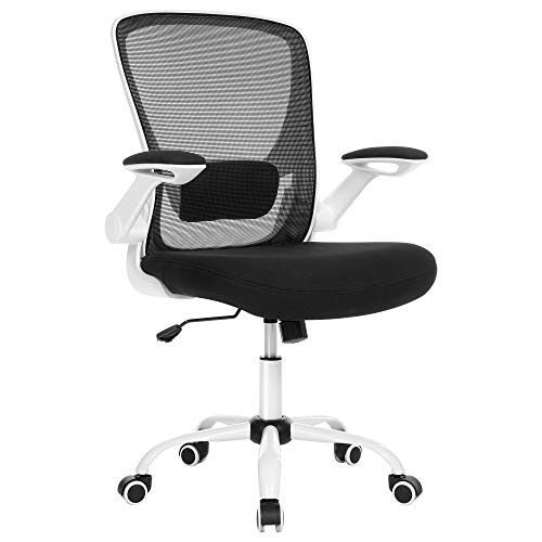 SONGMICS Silla de Oficina con Reposabrazos Abatible, Silla de Escritorio Giratorio 360°, Apoyo Lumbar Ajustable, Ahorro de Espacio, Negro y Blanco OBN37WT