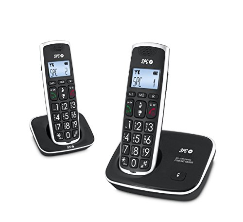 SPC Comfort Kaiser Duo teléfono inalámbrico color negro con teclas y digitos grandes, compatible con audífonos, agenda de 20 nombres y números y manos libres