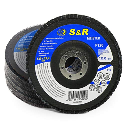 S&R Disco de Láminas Abrasiva 125 m x 22,23 para Acero y Madera, tamaño grano 120, 29 Dientes. Set 5 discos para amoladora angular.