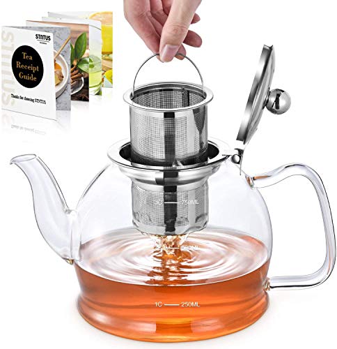 STNTUS INNOVATIONS Tetera, Tetera de Cristal con Filtro da Acero Inoxidable, 800ml Teteras de Cristal Borosilicato para Te Infusiones, Infusor de Te Tetera Vidrio para Estufa y Gas (800ml)