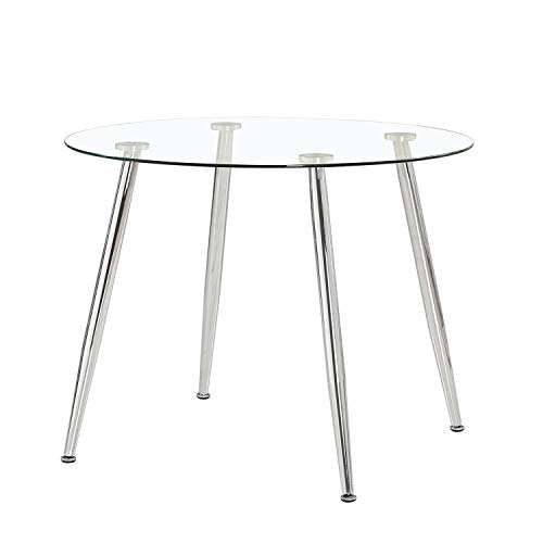 Suecia, Mesa de Cristal Redonda, Mesa de Comedor, salón o Cocina, Acabado en Cristal y Cromado, Medidas: 100cm (Diametro) x 75 cm (Altura)