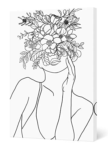 SUMGAR Cuadros en Lienzos Modernos Romantico Líneas Abstractos Minimalistas Blanco y Negro Mujer con Flores Decorativo Pared Pintura Sala de Dormitorios Baño 40 x 60 cm
