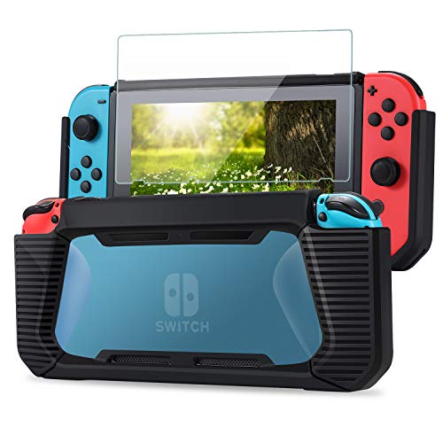 Tasikar Funda Compatible con Nintendo Switch Agarre Mejorado Carcasa Protectora de Goma con Vidrio Templado Protector de Pantalla (Negro - Azul)