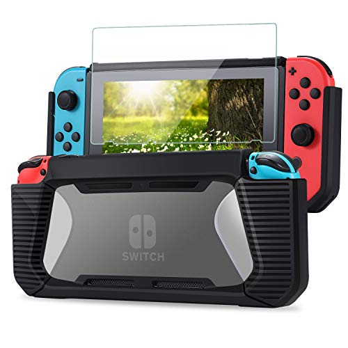 Tasikar Funda Compatible con Nintendo Switch Agarre Mejorado Carcasa Protectora de Goma con Vidrio Templado Protector de Pantalla (Negro - Transparente)