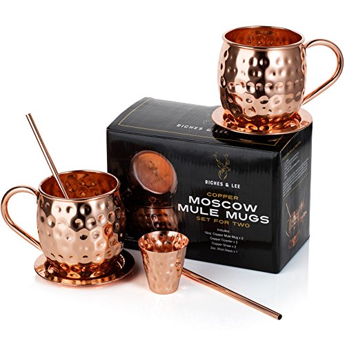 Tazas de Cobre de Moscow Mule Juego de Cuatro Incluye 2 x Tazas de 18 Onzas 2 x Posavasos 2 x Sorbetes 1 x Vaso/Copa de Shot en Caja de Regalo Tazas de Cobre de Moscow Mule Juego de Cuatro Incluye 2 x Tazas de 18 Onzas 2 x Posavasos 2 x Sorbetes 1 x Vaso/Copa de Shot en Caja de Regalo