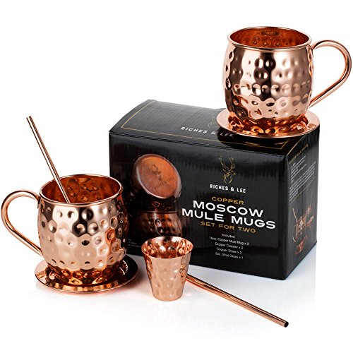 Tazas de Cobre de Moscow Mule Juego de Cuatro Incluye 2 x Tazas de 18 Onzas 2 x Posavasos 2 x Sorbetes 1 x Vaso/Copa de Shot en Caja de Regalo