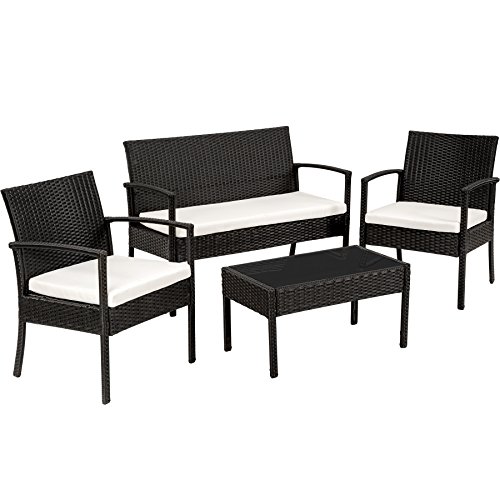 TecTake Conjunto muebles de Jardín en Poly Ratan Sintetico - negro 4 plazas, 2 sillones, 1 mesa baja, 1 banco (Negro)