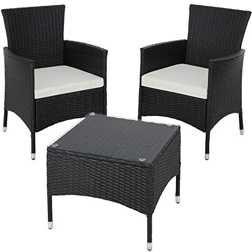 TecTake Set de jardín de poli ratán | 2 sillones y pequeña mesa con placa de cristal | Marco resistente de acero - disponible en diferentes colores - (Negro | No. 402862)