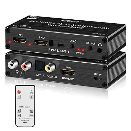 Tendak - Conmutador HDMI 2.0 (2 puertos, distribuidor HDMI 4K, interruptor HDMI 2 en 1, con óptica y extractor de audio L/R, con mando a distancia, compatible con UHD 4K@60Hz, HDCP 2.2 ARC 3D) Tendak - Conmutador HDMI 2.0 (2 puertos, distribuidor HDMI 4K, interruptor HDMI 2 en 1, con óptica y extractor de audio L/R, con mando a distancia, compatible con UHD 4K@60Hz, HDCP 2.2 ARC 3D)