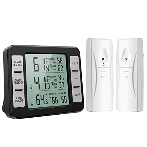 Termómetro del Refrigerador, ORIA Termometro Congelador Digital con 2 Sensores, Termómetro para Nevera para Interior y Exterior con Pantalla LCD y Audible de la Alarma, Registro Max/Min - Negro