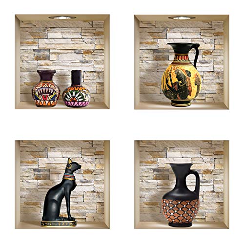 The Nisha DIY Pegatinas Etiquetas para Pared Desmontables de Vinilo 3D Arte Mágico, Conjunto de 4, Piedras jarras egipcias y africanas