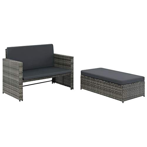 tidyard Conjunto Muebles de Jardín de Ratán 5 Piezas con Tumbona,Convertir Sofá en Cama,Combinable de Diferentes Formas,Cojines Extraíbles,Ratán Sintético Gris