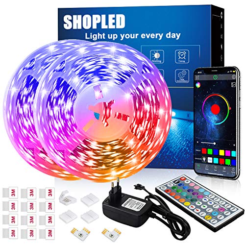 Tira LED 12M, SHOPLED Bluetooth Music Sync SMD 5050 RGB Tiras LED con Control de Aplicación, 44 Teclas de Control Remoto para Dormitorio, Cocina, TV, Fiesta, Decorativas Habitación