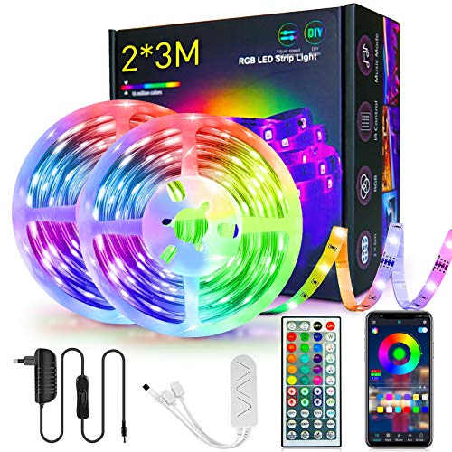 Tira LED RGB 6M, con mando a distancia por infrarrojos y control Bluetooth, sincronización para música, banda de luz LED controlable mediante aplicación para la iluminación de casa, fiestas, Navidad Tira LED RGB 6M, con mando a distancia por infrarrojos y control Bluetooth, sincronización para música, banda de luz LED controlable mediante aplicación para la iluminación de casa, fiestas, Navidad