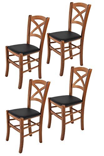 Tommychairs - Set 4 sillas Cross para Cocina y Comedor, Estructura en Madera de Haya Color Nuez Claro y Asiento tapizado en Polipiel Color Negro