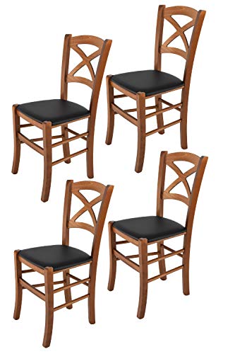 Tommychairs - Set 4 sillas Cross para Cocina y Comedor, Estructura en Madera de Haya Color Nuez Claro y Asiento tapizado en Polipiel Color Negro Tommychairs - Set 4 sillas Cross para Cocina y Comedor, Estructura en Madera de Haya Color Nuez Claro y Asiento tapizado en Polipiel Color Negro