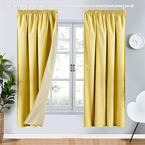 Topfinel Cortinas opacas gruesas de lino sintético con aislamiento térmico plisado, cinta para ventanas superiores para dormitorio, oscurecimiento de 46 x 54 cm (117 x 137 cm), color amarillo