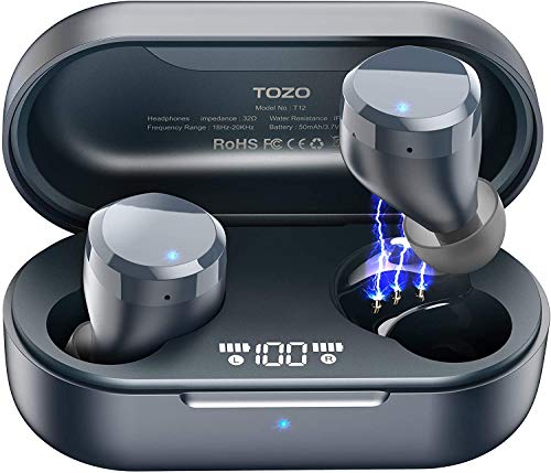 TOZO T12 Auriculares Bluetooth con Control táctil y Estuche de Carga inalámbrica Pantalla LED de Inteligencia Digital IPX8 Impermeables con micrófono Incorporado Bajos Profundos para Deporte Azul