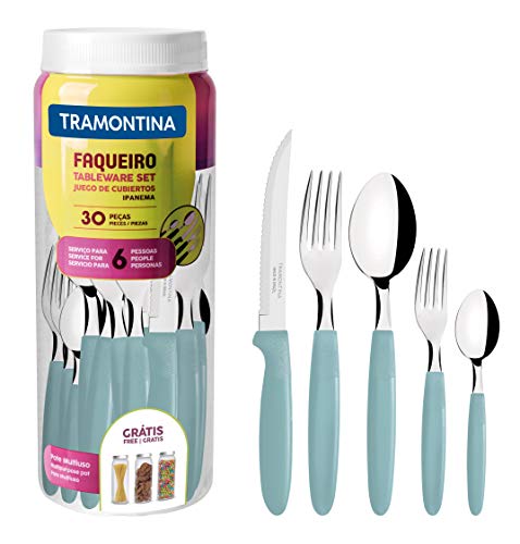 Tramontina 23398/288 Ipanema - Cubertería para 6 personas (30 piezas, acero inoxidable, mango de color azul claro)