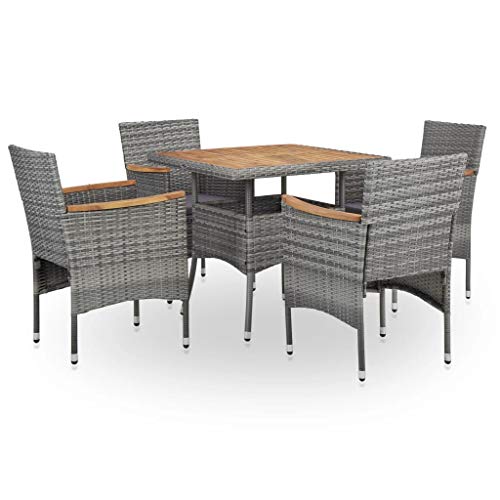 UnfadeMemory Conjunto Mesa y Sillas Jardin con Cojines,Comedor de Jardín Terraza Balcón o Patio,Ratán Sintético y Madera Acacia (Gris, 5 Pzas)