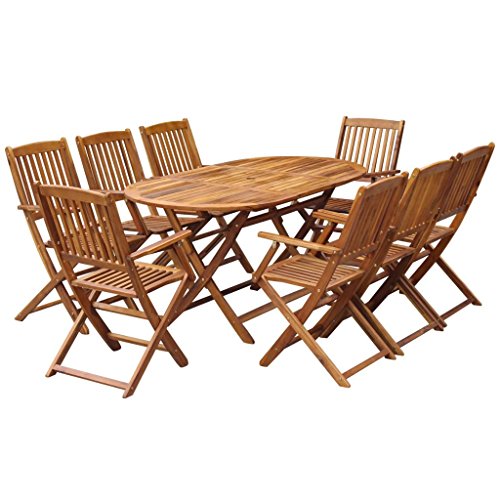 UnfadeMemory Conjunto Mesa y Sillas Plegables Jardin,Muebles Comedor de Jardín Terraza Balcón o Patio,Mesa Ovalada,Madera Maciza de Acacia (9 Pzas,Mesa 160x85x74cm,Silla 51x56x91cm, Marrón)