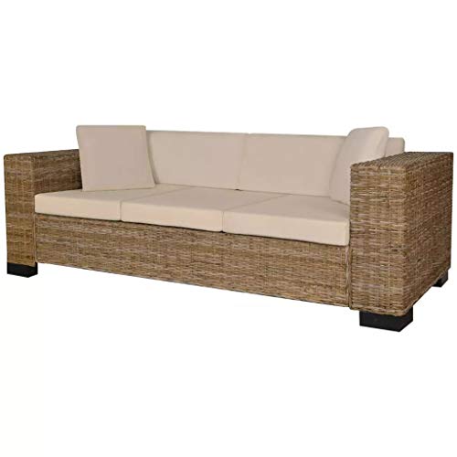 UnfadeMemory Muebles de Jardin Exterior,Sofá de Jardín,con Cojines y Almohadas,Fundas de Cojín Extraíbles,Ratán Natural (3 Plazas-200x80x61cm, Natural)