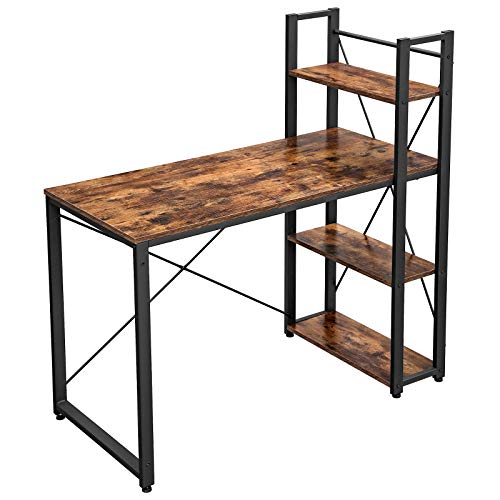 VASAGLE Escritorio, Mesa de Ordenador, Longitud de 120 cm, con Estantes a la Izquierda o a la Derecha, Estable, Fácil de Montar, para Oficina en Casa, Estilo Industrial, Marrón Rústico y Negro LWD48X