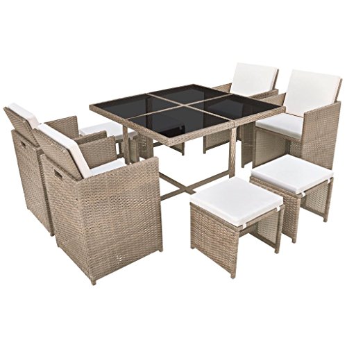 vidaXL Conjunto de Muebles de Exterior 9 Piezas Comedor de Jardín Sillas y Mesa de Porche Patio Poli Ratán Sintético Beige Estilo de Mimbre