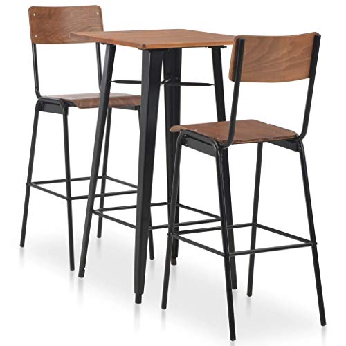 vidaXL Set Mesa Alta + 2 Taburetes Respaldo Cocina Bar Barra 3 Pzas Diseño Industrial Madera Patas Acero Conjunto Muebles Sillas Desayuno Marrón Negro