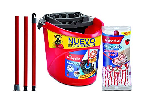 Vileda - Set de Limpieza de Suelos, compuesto por cubo superfácil + palo universal de 3 piezas + fregona de microfibras para una limpieza más fácil y profunda Vileda - Set de Limpieza de Suelos, compuesto por cubo superfácil + palo universal de 3 piezas + fregona de microfibras para una limpieza más fácil y profunda