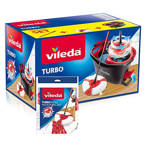 Vileda Turbo - Juego de fregona con palo telescópico, cubo escurridor giratorio y recambio de microfibras, color negro y rojo, 48.6 x 29.6 x 29.3 cm Vileda Turbo - Juego de fregona con palo telescópico, cubo escurridor giratorio y recambio de microfibras, color negro y rojo, 48.6 x 29.6 x 29.3 cm